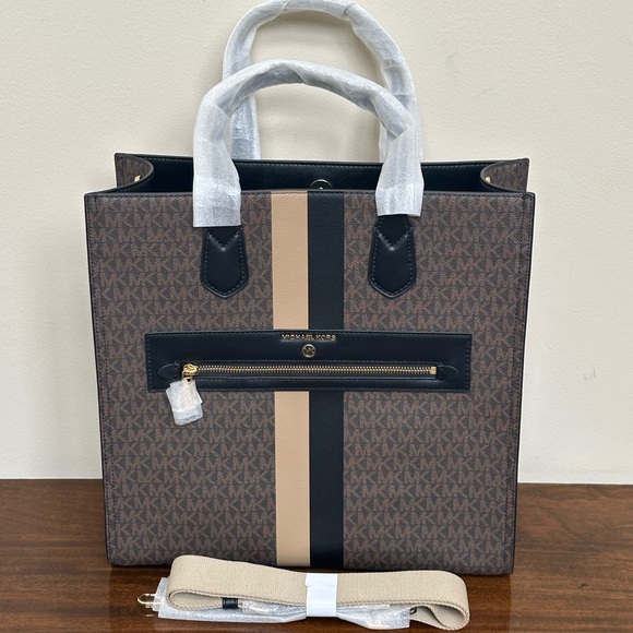 Michael Kors Handbags - LOW START NWT - Michael Kors Kempner Large Logo Stripe Black/Camel Tote
